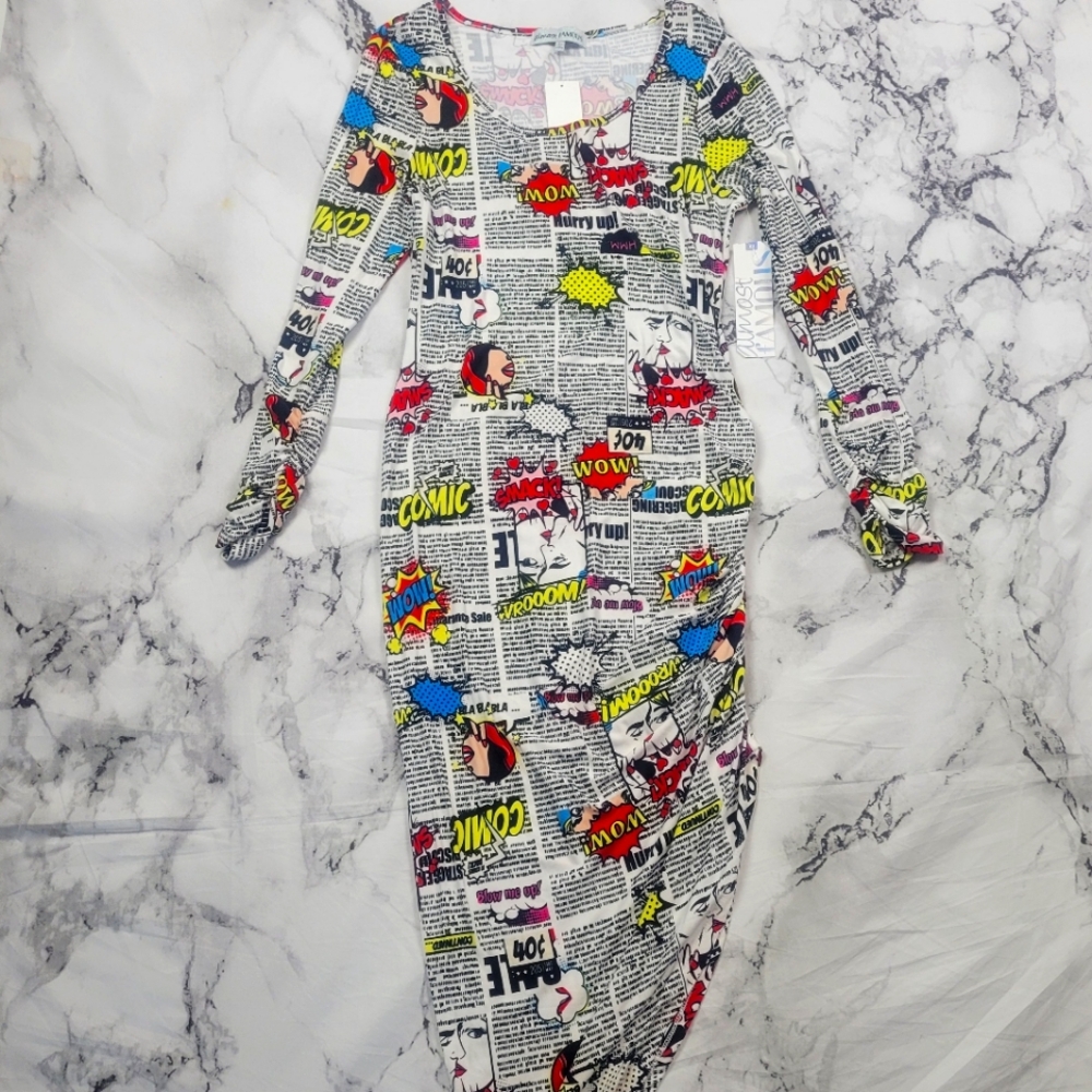 Comic book News paper graphic print Maxi Rouge Fitted dress Colorful white sz L